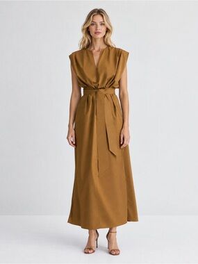 Massimo Dutti Camel Tie-Front Sleeveless Maxi Dress
